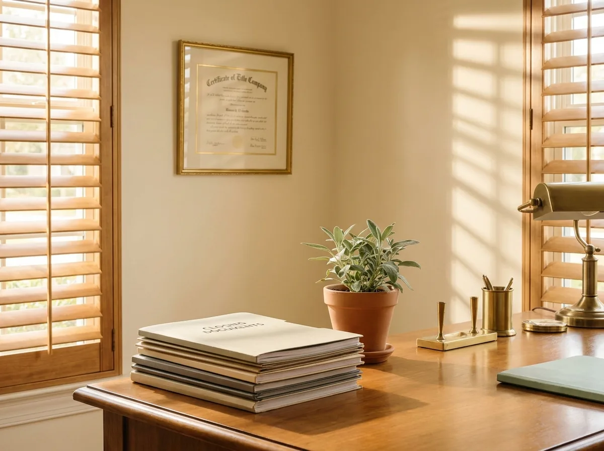 A sunlit Fort Myers title-insurance office with a framed certificate, plantation shutters, and a stack of closing folders