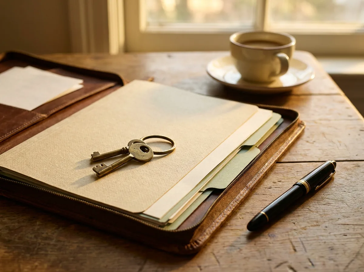 An open leather portfolio with a brass house-key ring resting on a Southwest Florida real estate closing folder