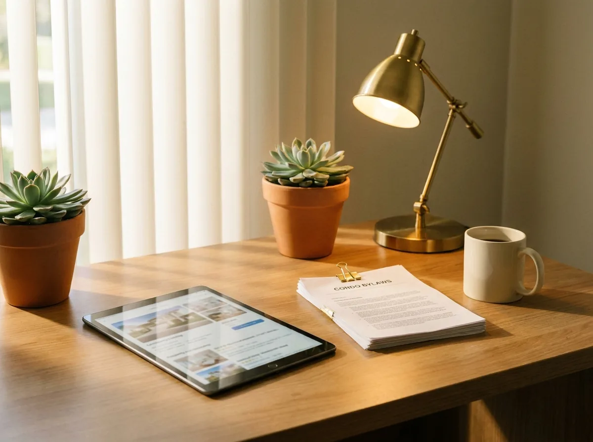 A real estate agent’s tidy Lee County workspace with a tablet, condo documents, and a brass desk lamp