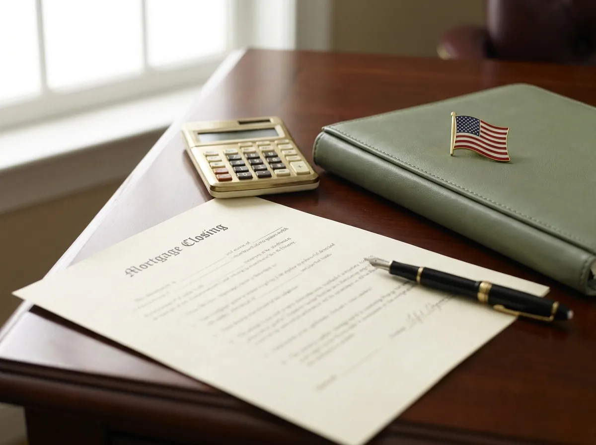 A mortgage closing document with a calculator and fountain pen on a polished lender’s desk