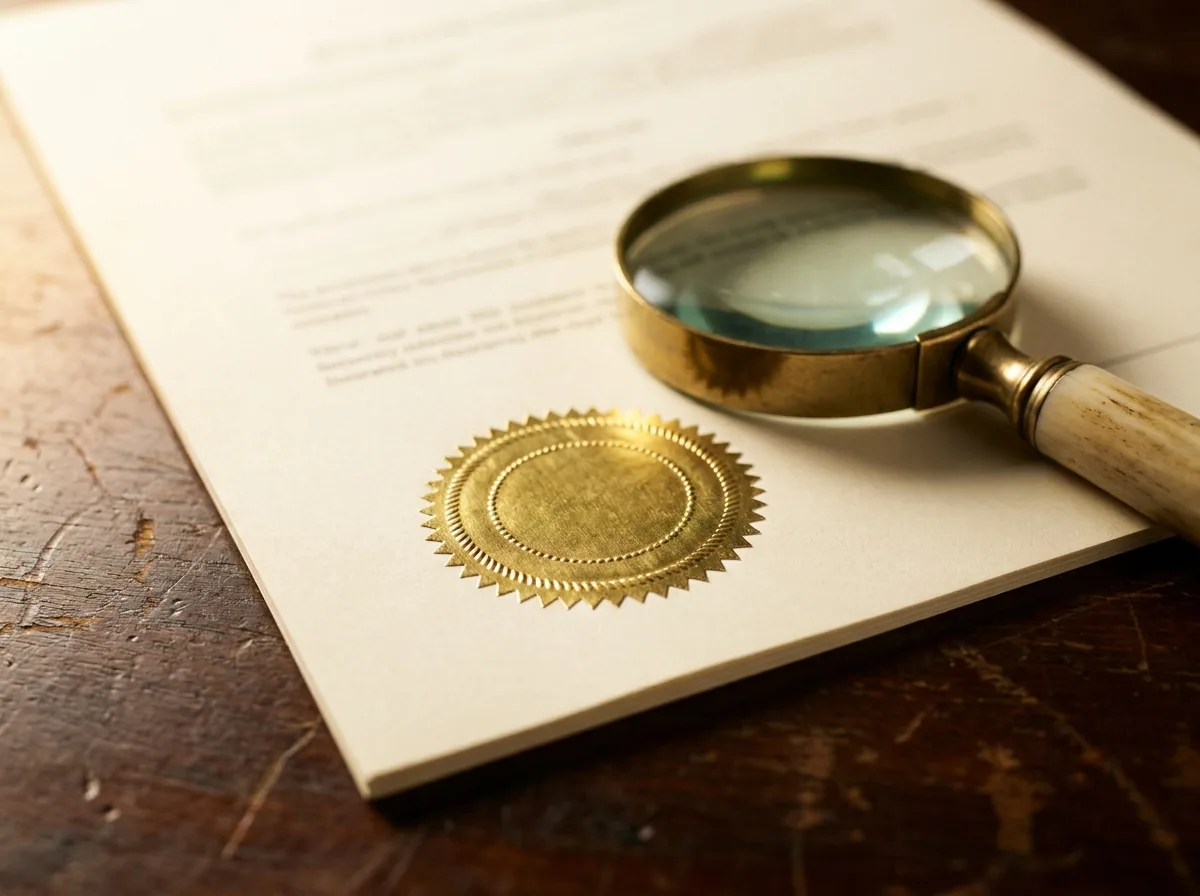 An embossed gold seal on an official title insurance document examined under a vintage brass magnifying glass